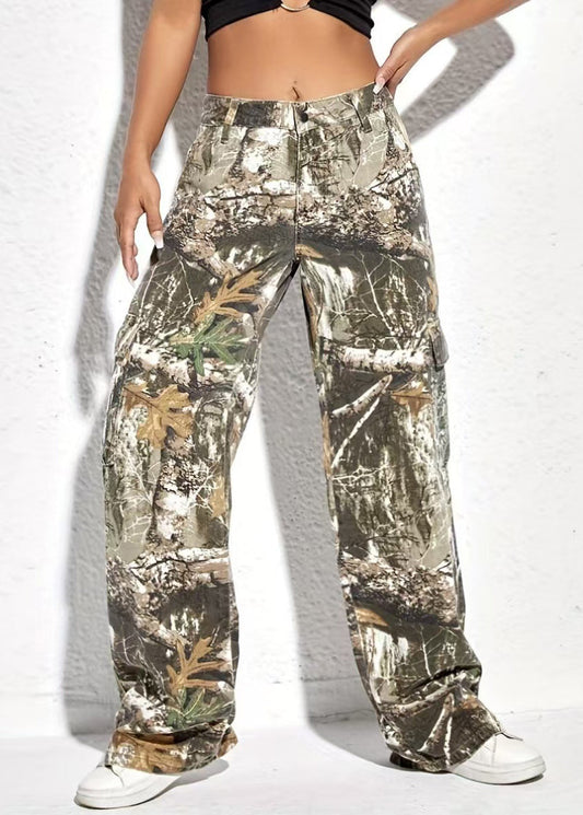 Pockets Casual Print Spring Pants Waist High Cotton