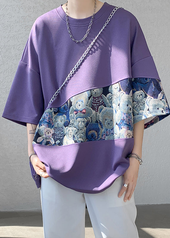 Men Neck Cotton O T Summer Purple Patchwork Shirt Casual