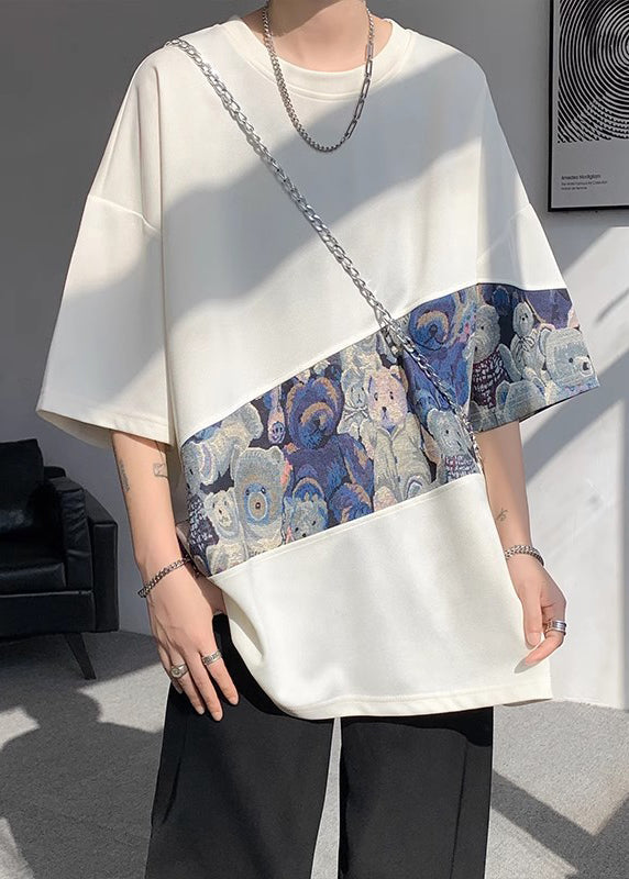 Men Neck Cotton O T Summer Purple Patchwork Shirt Casual