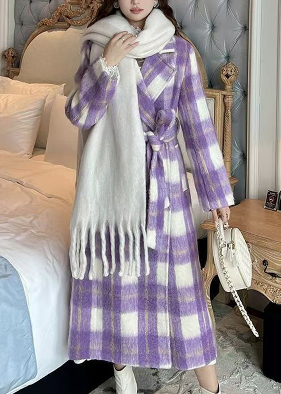 Casual Purple Pockets Plaid Patchwork Long Woolen Coats Winter RD001