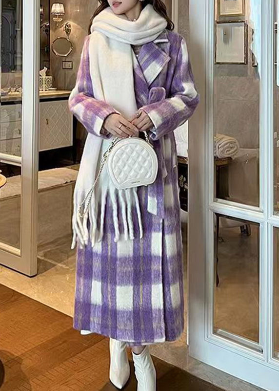 Casual Purple Pockets Plaid Patchwork Long Woolen Coats Winter RD001