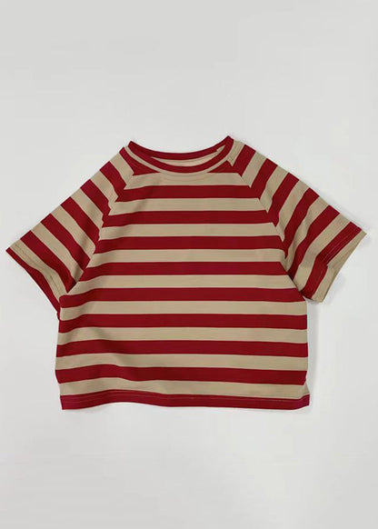 Casual Red Girls Striped Patchwork Tops Short Sleeve YU1065