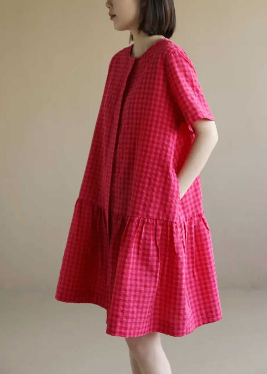 Red Dresses Mid Summer Plaid Cotton O Casual Neck