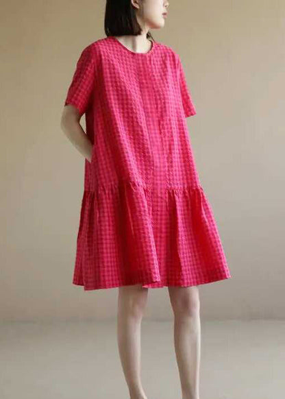 Red Dresses Mid Summer Plaid Cotton O Casual Neck