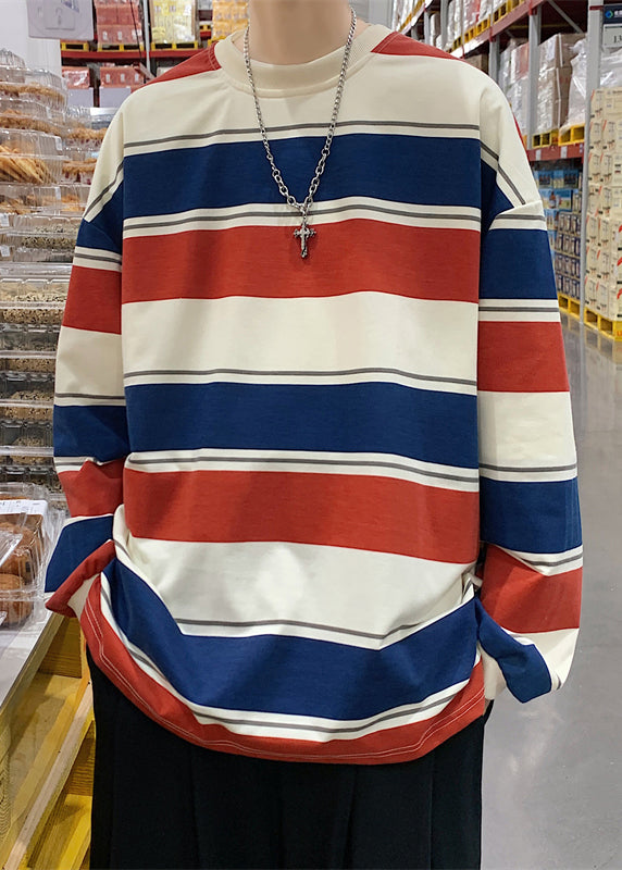 Casual Red O Neck Striped Cotton T Shirts Men Apparel Fall WJ007