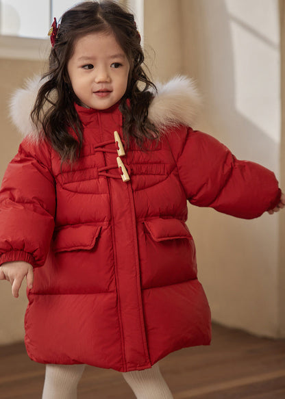 Casual Red Patchwork Pockets Fur Collar Detachable Kids Down Coats Winter WL014