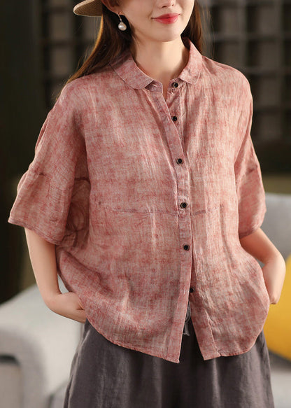 Casual Linen Peter Blouses Pan Summer Collar Red Patchwork