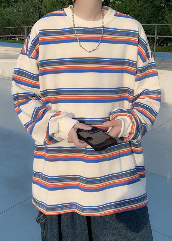 Shirt Casual Striped Men T O-Neck Spring Red Cotton