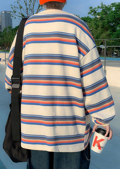 Shirt Casual Striped Men T O-Neck Spring Red Cotton