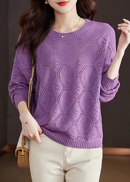 Casual Rose O-Neck Hollow Out Cotton Knitted Sweaters Fall WR046