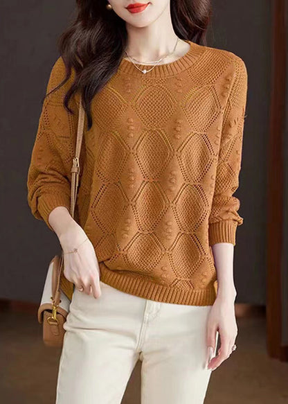 Casual Rose O-Neck Hollow Out Cotton Knitted Sweaters Fall WR046