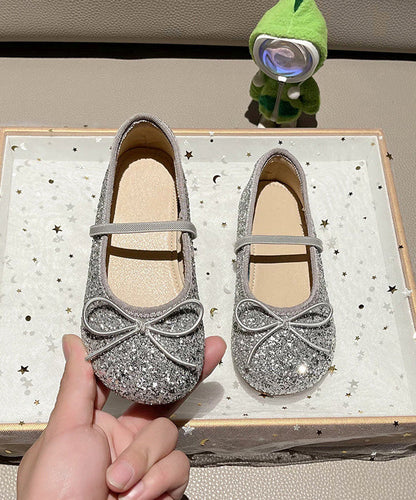 Casual Silvery Up Girls Flat Shoes Lace Bow