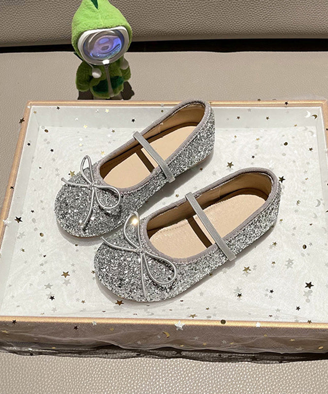 Casual Silvery Up Girls Flat Shoes Lace Bow