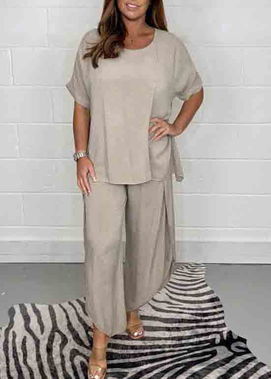 Oversized Two Color Side Open Casual Pieces Set Linen Solid