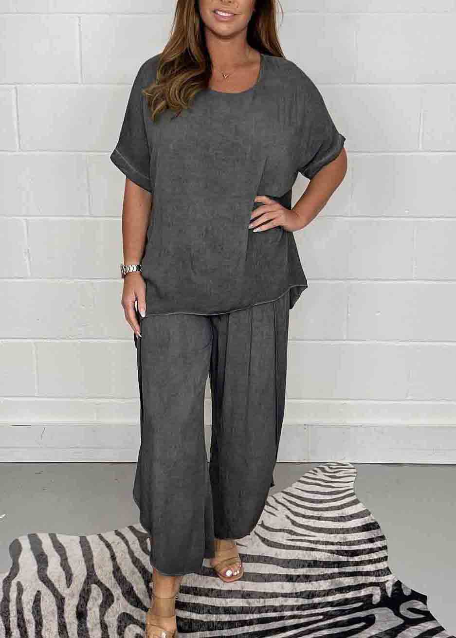 Oversized Two Color Side Open Casual Pieces Set Linen Solid