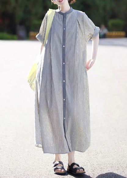 Stand Collar Button Cotton Shirts Striped Casual Dress Summer