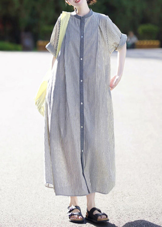 Stand Collar Button Cotton Shirts Striped Casual Dress Summer