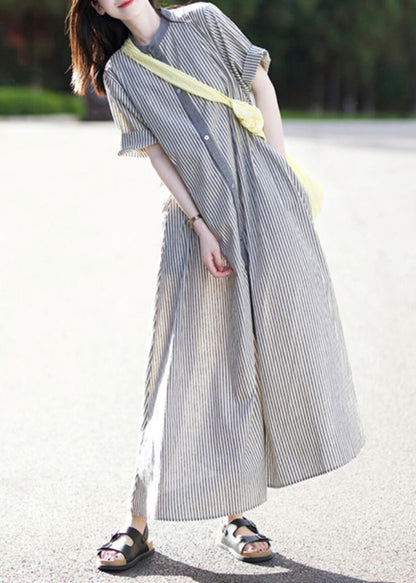 Stand Collar Button Cotton Shirts Striped Casual Dress Summer