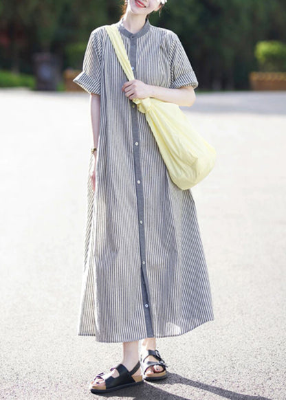Stand Collar Button Cotton Shirts Striped Casual Dress Summer