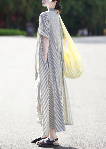 Stand Collar Button Cotton Shirts Striped Casual Dress Summer