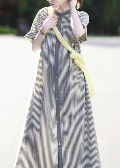 Stand Collar Button Cotton Shirts Striped Casual Dress Summer
