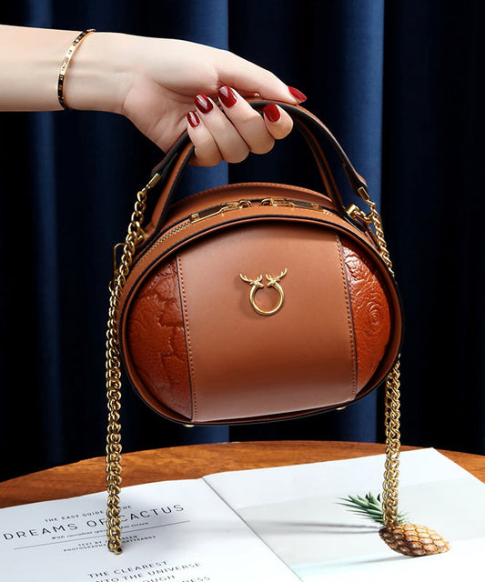 Round Leather Bag Casual Brown Calf Versatile