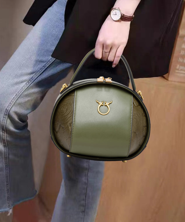 Round Leather Bag Casual Brown Calf Versatile