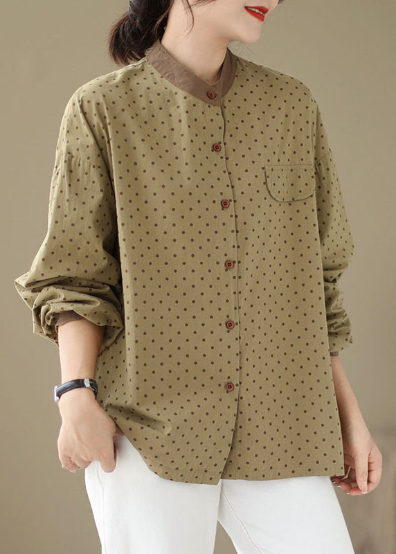 Casual Versatile Green Dot Print Plus Size Cotton Shirt Fall OO035