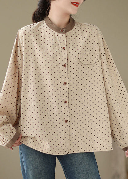 Casual Versatile Green Dot Print Plus Size Cotton Shirt Fall OO035