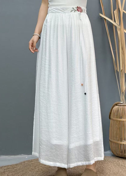 Wide Side Embroidered Summer Pants White Leg Linen Open Casual