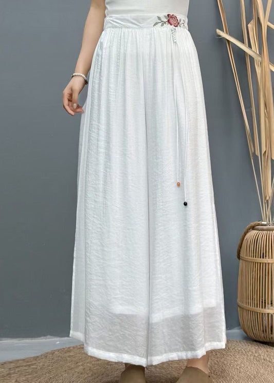 Wide Side Embroidered Summer Pants White Leg Linen Open Casual
