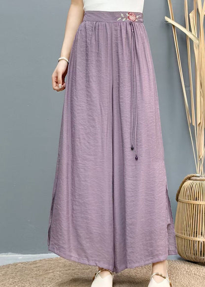 Wide Side Embroidered Summer Pants White Leg Linen Open Casual