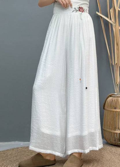 Wide Side Embroidered Summer Pants White Leg Linen Open Casual
