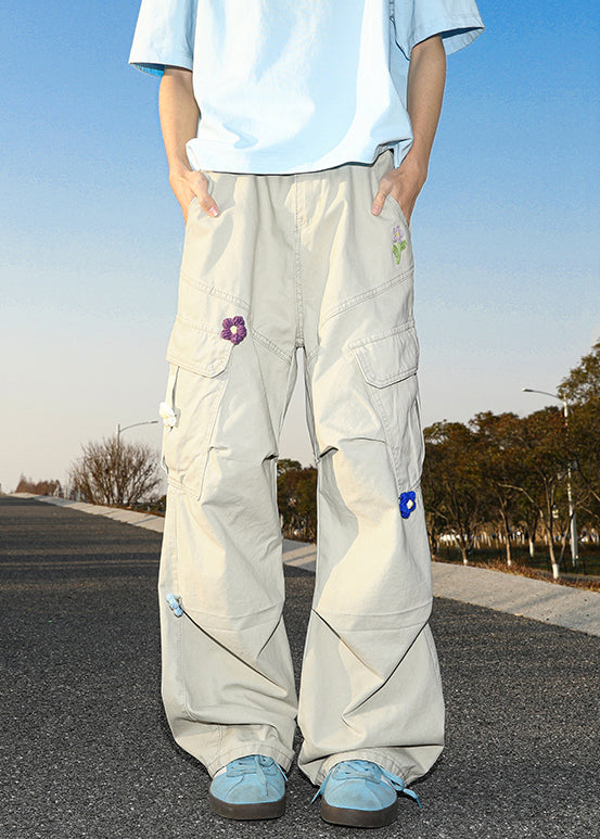 Casual Summer Pants Embroideried White Cotton Mens Pockets