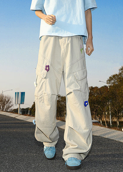 Casual Summer Pants Embroideried White Cotton Mens Pockets
