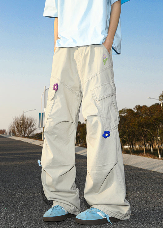 Casual Summer Pants Embroideried White Cotton Mens Pockets
