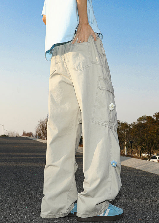 Casual Summer Pants Embroideried White Cotton Mens Pockets