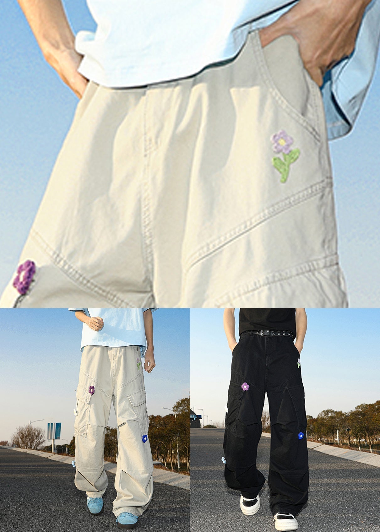 Casual Summer Pants Embroideried White Cotton Mens Pockets