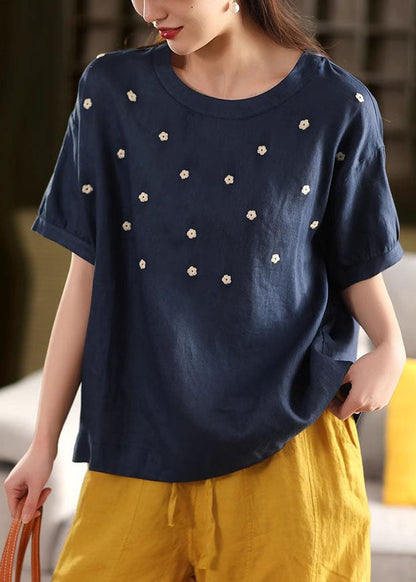 Linen Casual O-Neck Embroideried Tops Summer White