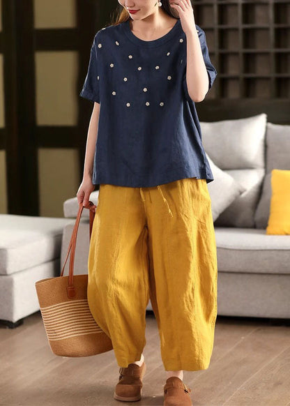 Linen Casual O-Neck Embroideried Tops Summer White