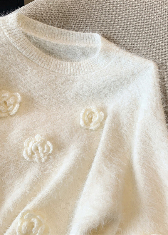 Casual White O-Neck Floral Mink Hair Knitted Sweaters Winter WR033