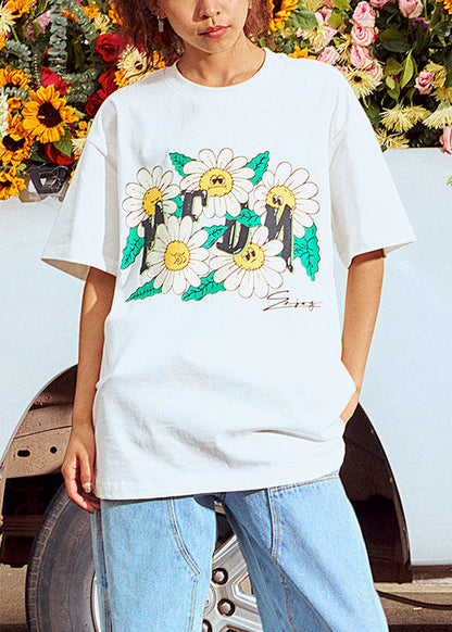 Casual White O-Neck Print Cotton Men T Shirt Summer LK054