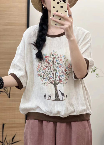 Oversized Linen White Print Casual Tops Patchwork Sleeveless