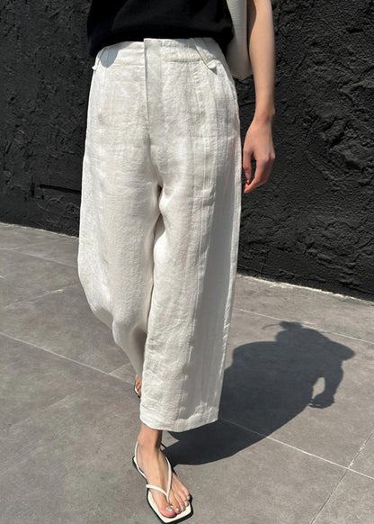 Pantalon court décontracté en lin à taille haute avec poches patchwork blanc pour l'été VB1033