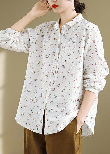 Casual White Peter Pan Collar Print Cotton Shirts Top Spring TN003