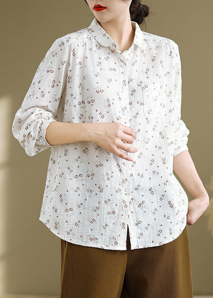Casual White Peter Pan Collar Print Cotton Shirts Top Spring TN003