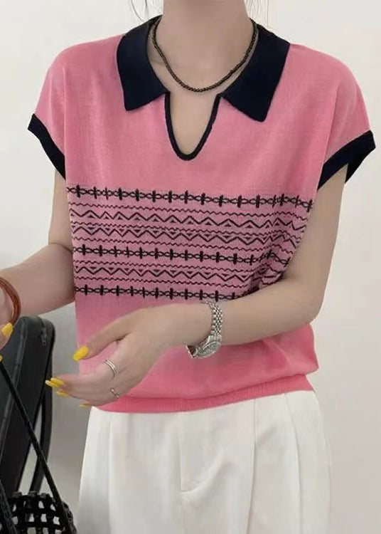 Knit Print Casual Summer Top Peter Pan Collar White