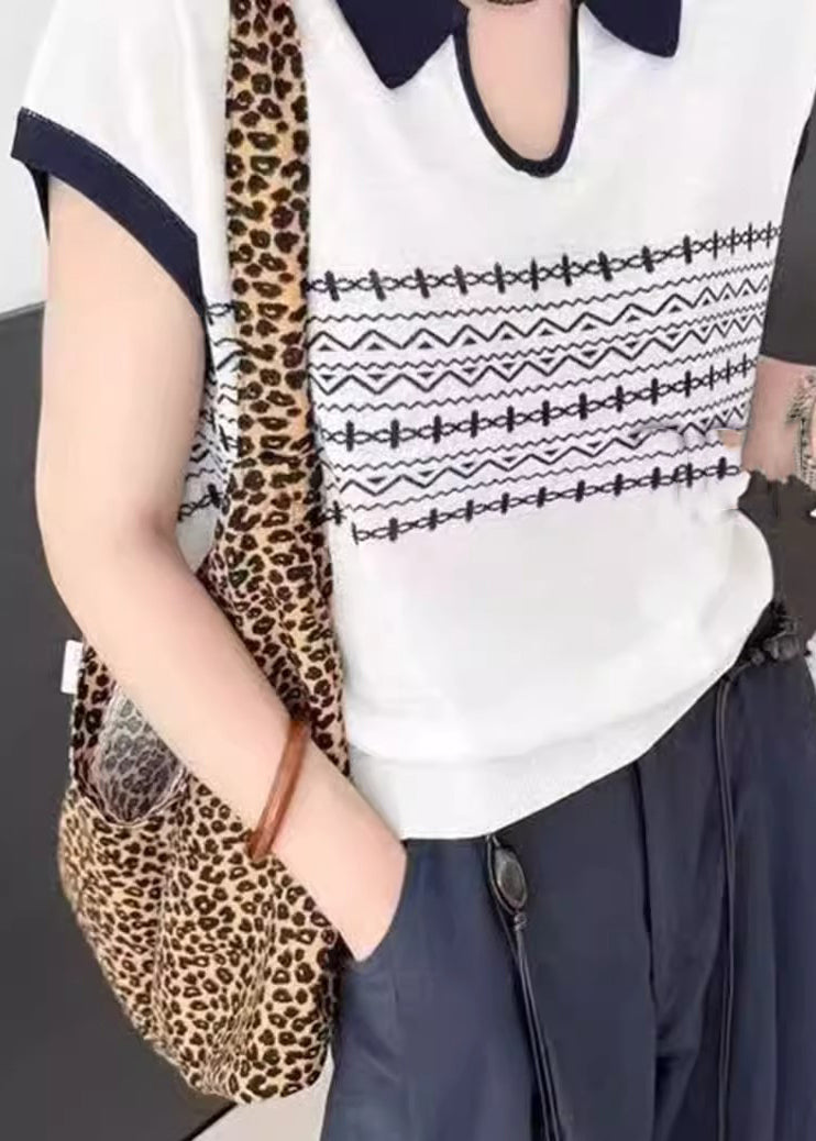 Knit Print Casual Summer Top Peter Pan Collar White