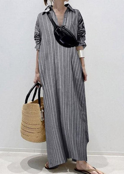 Casual White Peter Pan Collar Striped Maxi Shirts Dresses Long Sleeve VB1056