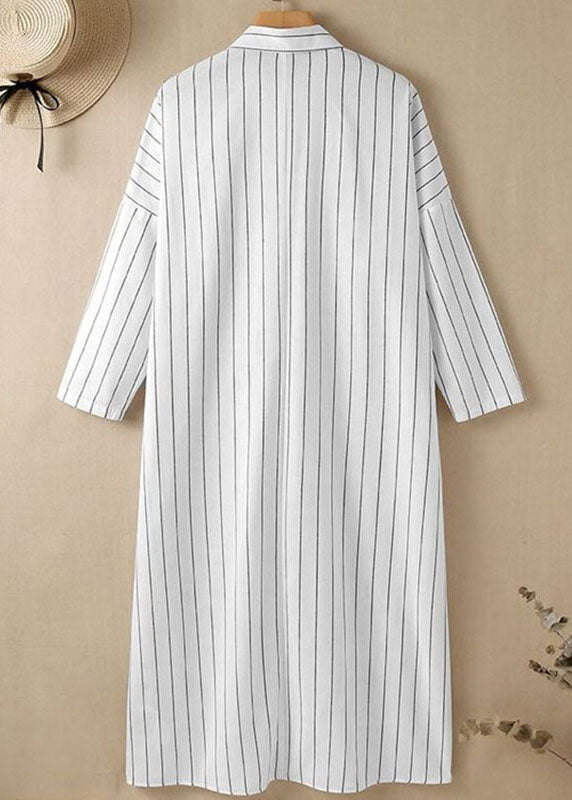 Casual White Peter Pan Collar Striped Maxi Shirts Dresses Long Sleeve VB1056